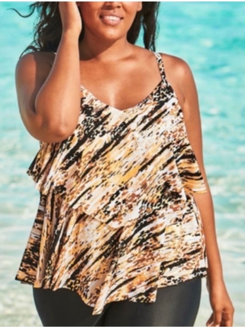 NWT Animal Print Tiered Tankini Top Plus Size 20 Gold Foil Swimsuits For All